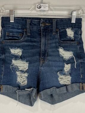 GUC Aeropostale Womans High Rise Curvy Midi Distressed Denim Jean Shorts Size 4